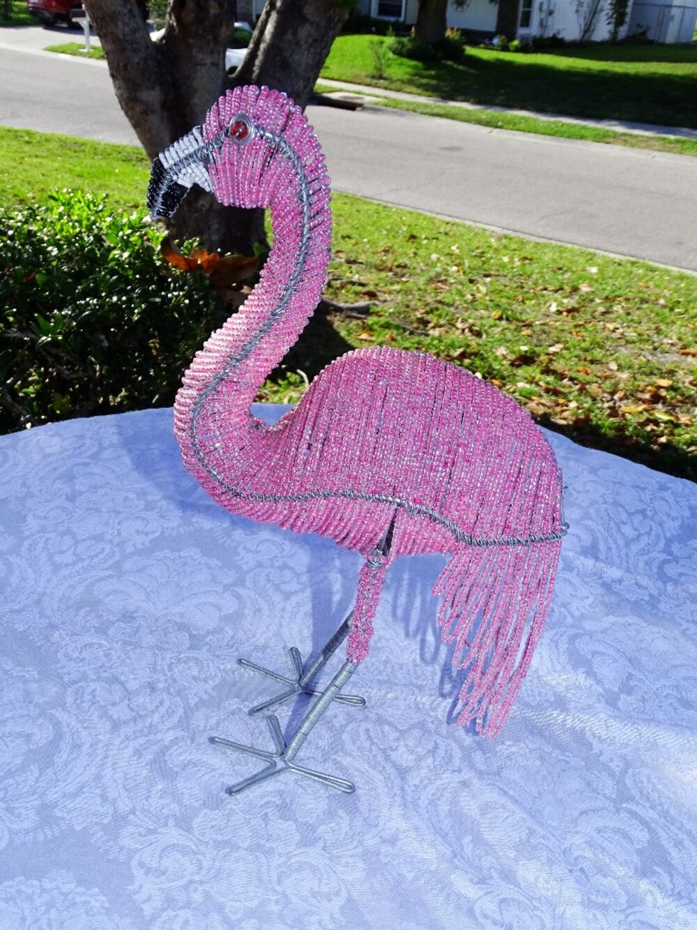 Handcrafted Florida Artisan Pink Beaded Wire Flamingo Sculpture 12 1/2"